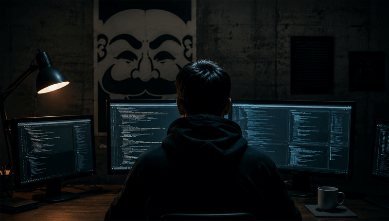 Concept illustration of the Mr. Robot hacker setting with multiple computer monitors