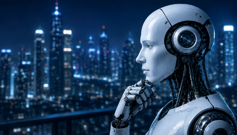 Ponas Robotas AI concept illustrated as a humanoid robot overlooking a city at night