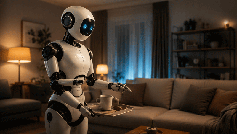 Ponas Robotas imagined as an intelligent home service robot carrying a tray