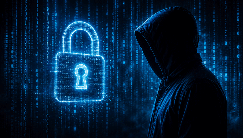 Cybersecurity and privacy in Mr. Robot, illustrated by a hacker and digital padlock